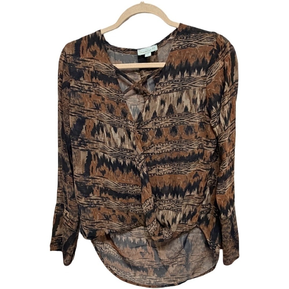 Veronica M Sheer Boho Peasant Blouse Women's Small Brown Abstract Print